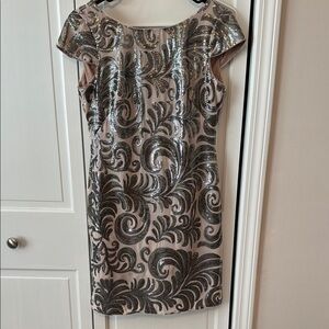 Gunmetal gray and Cream/blush Sheath Dress with Flutter Cap Sleeves
